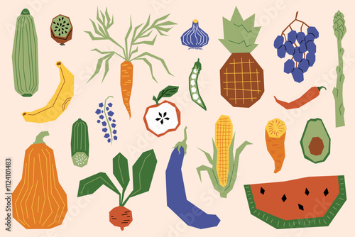 Doodle fruits. Hand drawn food carrot, tomato and apple, pumpkin harvest and watermelon, grape and pineapple. Vegan cooking icon. Cute organic geometric graphics. Vector flat isolated set