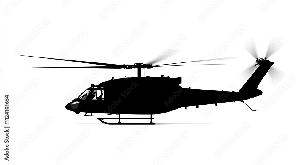 White background, black silhouette of an attack helicopter flying in the air White background, black silhouette of an attack helicopter flying in the air