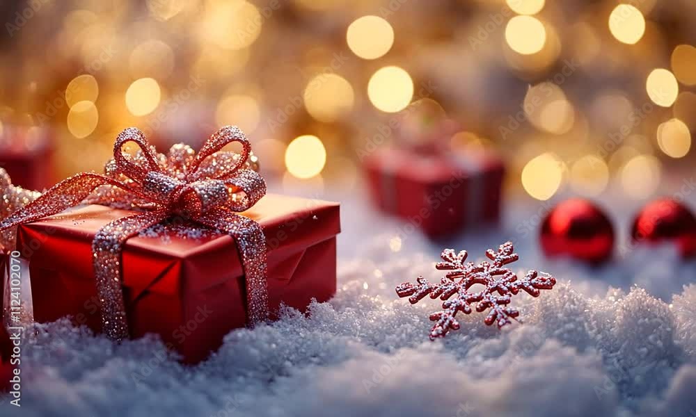 Christmas Gift Under the Lights: A beautifully wrapped red gift box, adorned with a shimmering bow, sits in a cozy winter scene, bathed in soft, warm lights. Christmas Gift Under the Lights: A beautifully wrapped red gift box, adorned with a shimmering bow, sits in a cozy winter scene, bathed in soft, warm lights.