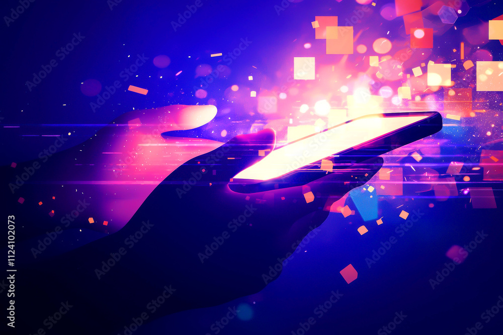 Naklejka premium A hand holding a smartphone with vibrant glowing effects.