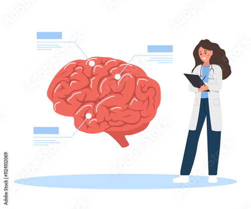 Neurologist concept. Female doctor examine human brain. Anatomy and biology. Neurology or Neuroscience. Vector illustration in flat cartoon style.