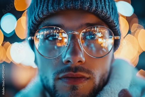 A young man, adorned with stylish glasses, stands beneath the city lights that vividly reflect in his frames, capturing a moment of urban reflection and style. photo