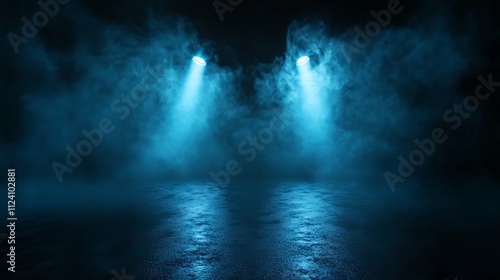 Wallpaper Mural 3d rendered abstract dark scene illuminated by vibrant blue neon searchlights reflecting on glistening wet asphalt, with atmospheric smoke drifting against a deep black background Torontodigital.ca