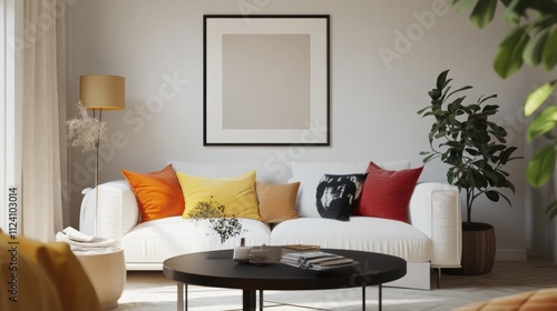 Modern living room with a white sofa, a black coffee table, and plants.