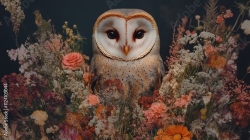 Barn owl perched amidst autumnal flowers. photo