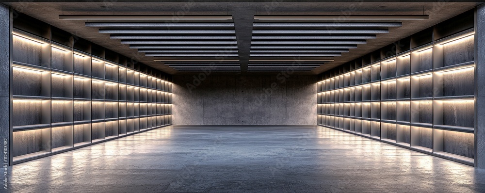 Obraz premium Modern minimalist interior with illuminated shelves in a spacious concrete room, ideal for storage, display, or creative design projects