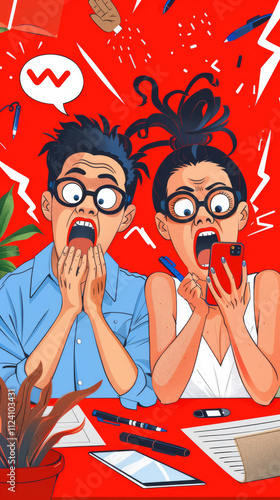 Shocked Cartoon Employees Reacting to Smartphone Notification in a Chaotic Office Scene