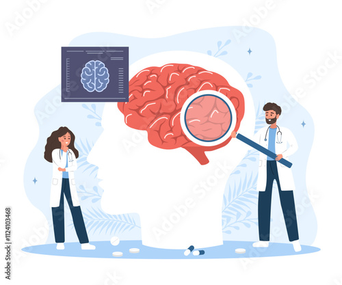 Neurologist concept. Woman and man in medical uniform with magnifying glass analyzes internal organ. Research scientist. Vector illustration in flat cartoon style.