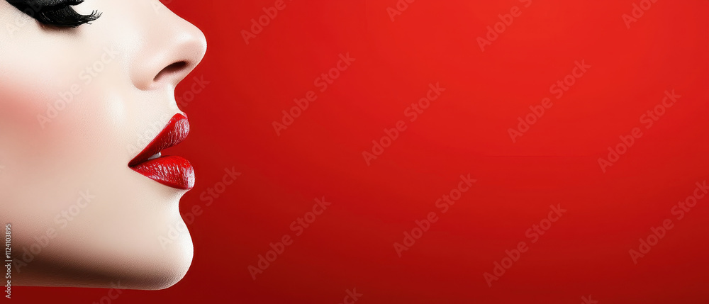 Close up of woman face with bold red lips and smooth skin against red background Close up of woman face with bold red lips and smooth skin against red background