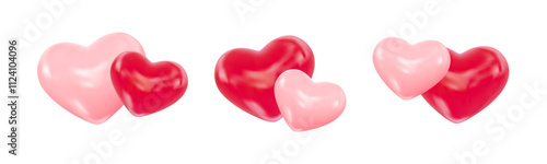 Valentines Day Hearts. Realistic vector illustration of two shiny red and pink hearts. Symbol of love, romantic, wedding. For wedding invitation, romantic greeting card, valentine, banner, poster.