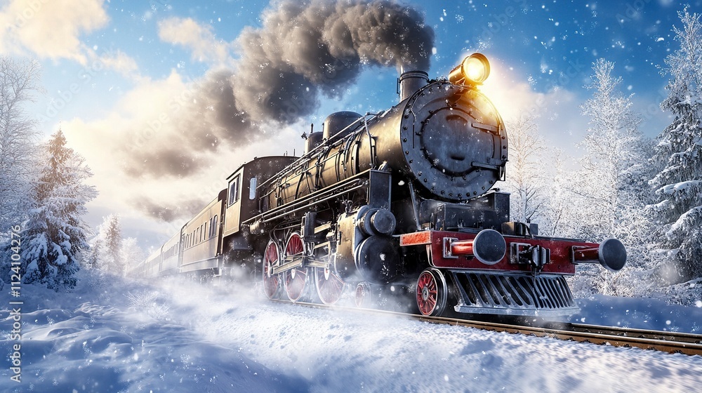 black luxury locomotive running in winter landscape with snow. Christmas decoration. black luxury locomotive running in winter landscape with snow. Christmas decoration.