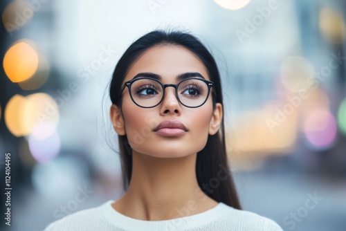 Focused portrait of a woman wearing glasses against a blurred city background with bokeh lights, capturing confidence and curiosity in a modern urban setting.