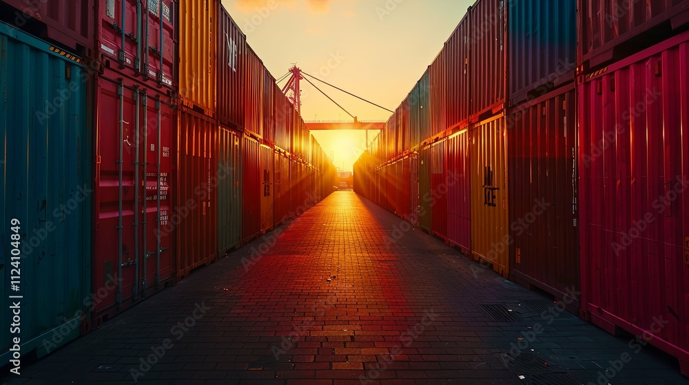 Fototapeta premium Sunset Illuminates a Path Between Rows of Colorful Cargo Shipping Containers