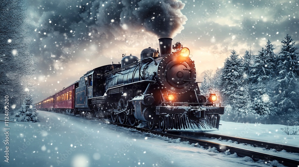 black luxury locomotive running in winter landscape with snow. Christmas decoration. black luxury locomotive running in winter landscape with snow. Christmas decoration.