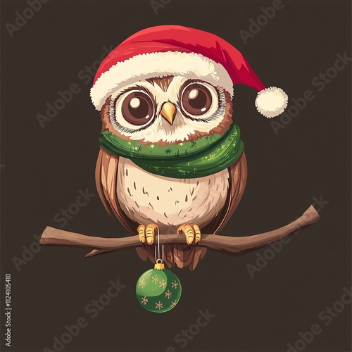 cute cartoon owl with santa hat and green scarf on snowy branch photo