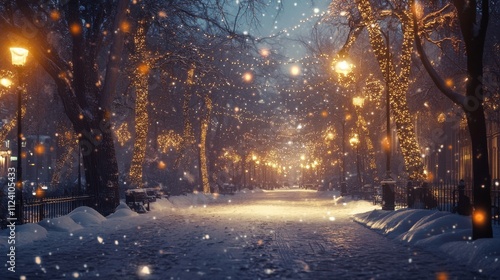 Snowy, lamplit path through winter park at night. photo