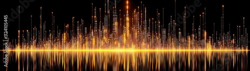 Abstract Digital Landscape with Light Streaks and Reflections Representing Energy Flow and Modern Urbanity in a Dark Background