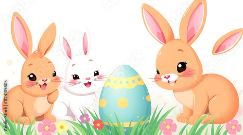 Cartoon style illustration of Easter bunny and Easter eggs