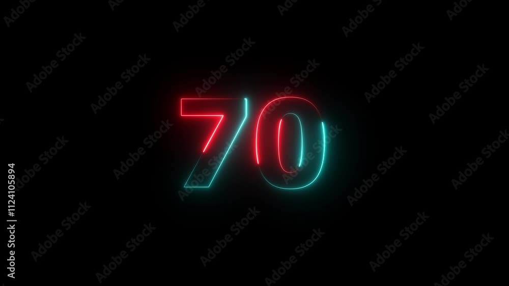 Glowing neon number 70. Two-color looping trendy glowing neon numeric number seventy. Educational mathematics 70 animation. Glowing neon number 70. Two-color looping trendy glowing neon numeric number seventy. Educational mathematics 70 animation.