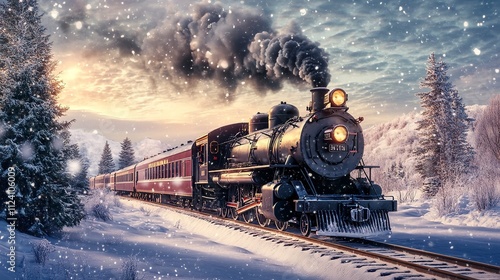 black luxury locomotive running in winter landscape with snow. Christmas decoration.