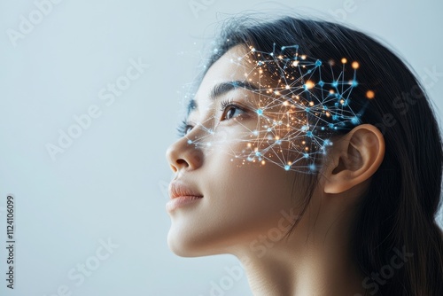 A profile of a face is intertwined with a glowing digital network, representing the interconnectedness of modern technology and human interaction. photo