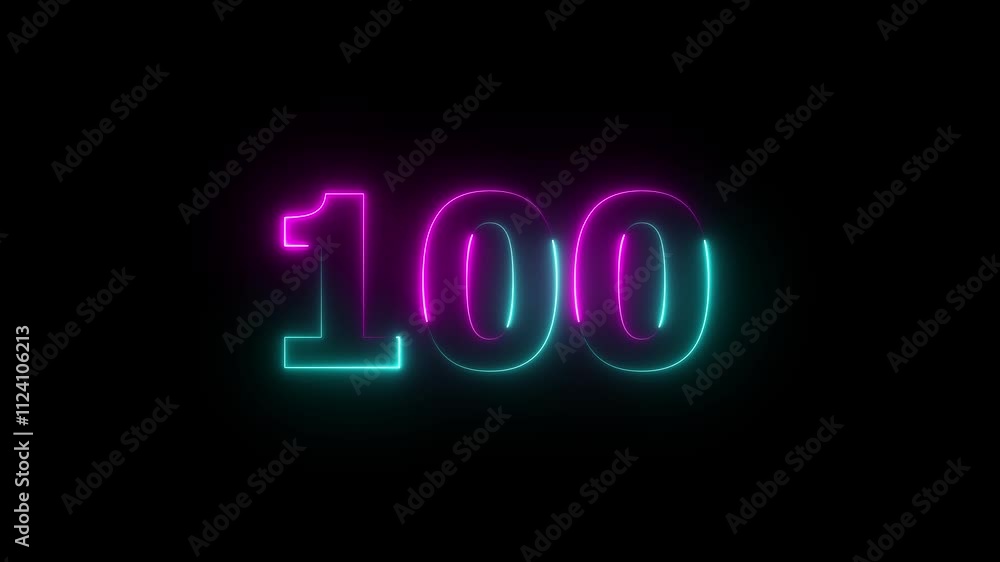 Glowing neon number 100. Two-color looping trendy glowing neon numeric number hundred. Educational mathematics 100 animation. Glowing neon number 100. Two-color looping trendy glowing neon numeric number hundred. Educational mathematics 100 animation.