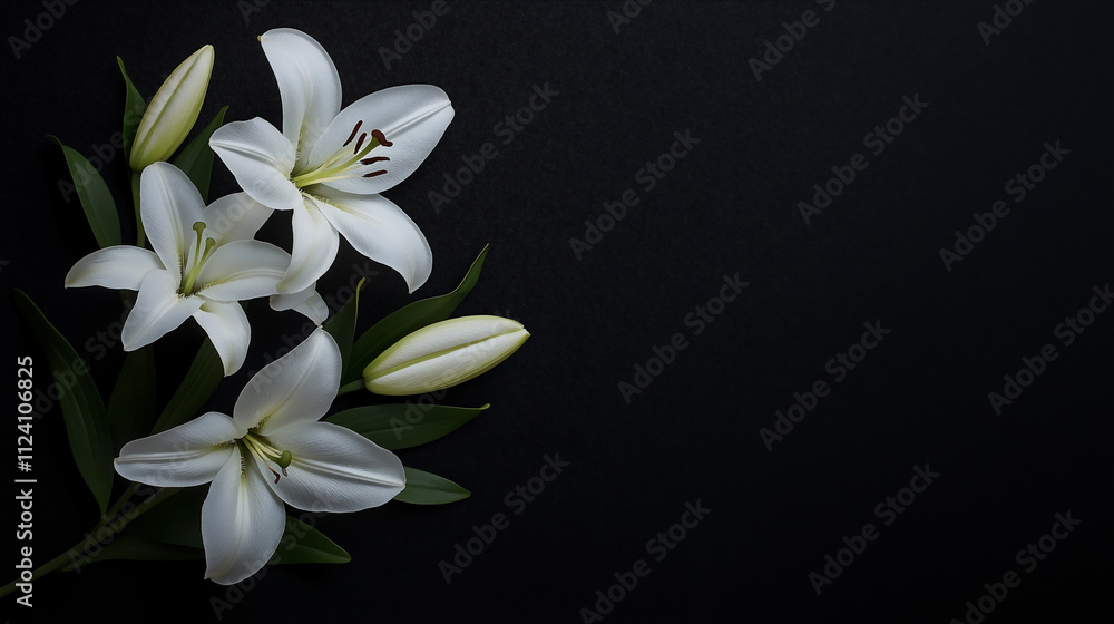 Elegant white lily flowers on black background with copy space for events, funerals, Mother's Day, and remembrance Elegant white lily flowers on black background with copy space for events, funerals, Mother's Day, and remembrance