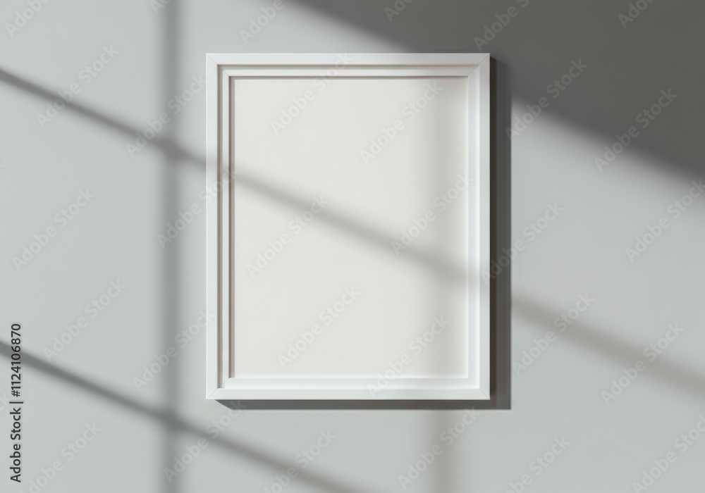 Modern Blank Picture Frame on White Wall with Sunlight Shadows Modern Blank Picture Frame on White Wall with Sunlight Shadows