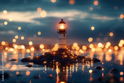 A serene lighthouse stands on a rocky outcrop, surrounded by dreamy light reflections that create a magical and atmospheric scene in a calm seascape setting. photo