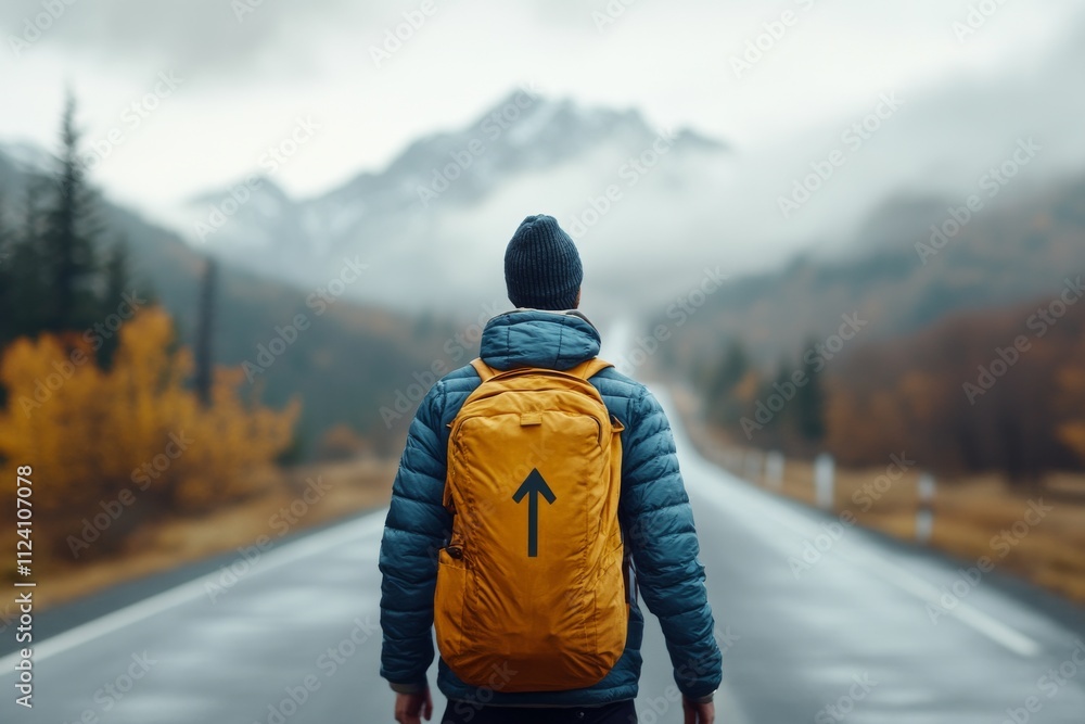 This evocative image shows a person in a yellow backpack standing on a foggy road, looking towards a distant mountain, symbolizing exploration and adventure. This evocative image shows a person in a yellow backpack standing on a foggy road, looking towards a distant mountain, symbolizing exploration and adventure.
