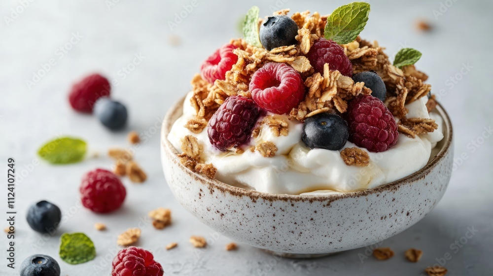 Yogurt with granola, blueberries and raspberries Yogurt with granola, blueberries and raspberries