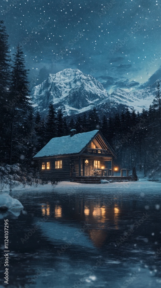 Fototapeta premium Tranquil winter cabin by a reflective lake under starry sky