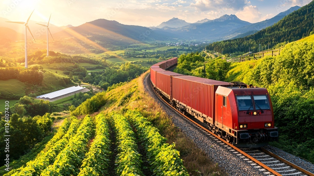 Green logistic Sustainable transport concept. A red train travels through a picturesque landscape with mountains and wind turbines at sunset. Green logistic Sustainable transport concept. A red train travels through a picturesque landscape with mountains and wind turbines at sunset.
