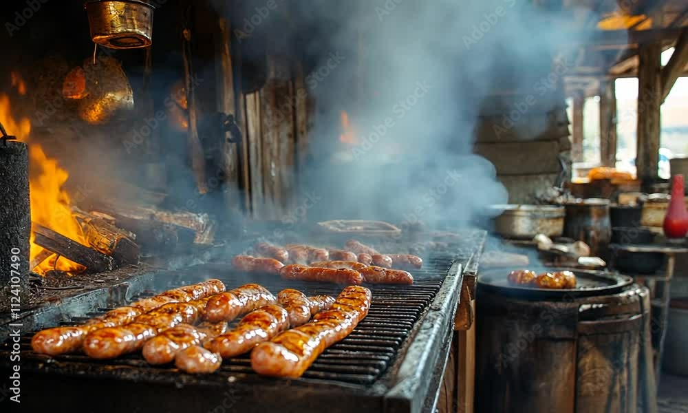 Grilled sausages on a barbecue with smoke rising in a rustic setting. Grilled sausages on a barbecue with smoke rising in a rustic setting.