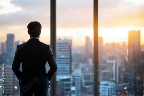 A businessman looks out over a city skyline at sunrise, symbolizing ambition and new beginnings, representing hope and potential future success.