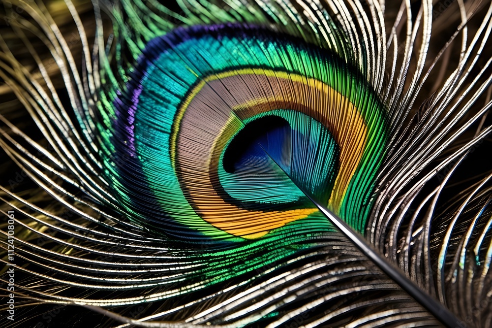 Obraz premium Close up of a peacock feather. Colorful decorative design.