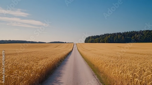 Isolated Rural Road Crossing Through Golden Wheat Fields Under Clear Sky in a Peaceful Landscape Setting