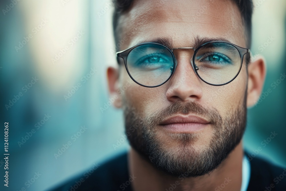 A detailed closeup portrait of a man with stylish glasses and a well-groomed beard, exuding confidence and modernity in a blurred background setting. A detailed closeup portrait of a man with stylish glasses and a well-groomed beard, exuding confidence and modernity in a blurred background setting.