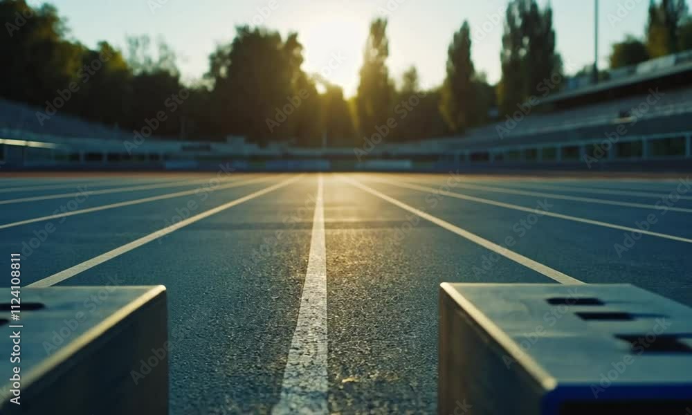 Two starting blocks on a running track at sunset, symbolizing athletic preparation. Two starting blocks on a running track at sunset, symbolizing athletic preparation.