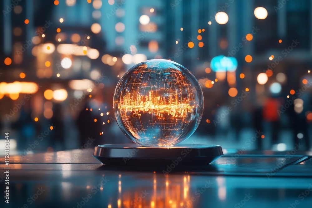 A futuristic glass globe placed on a street, reflecting an urban cityscape and illuminated by digital lights, symbolizing modernity and global connection. A futuristic glass globe placed on a street, reflecting an urban cityscape and illuminated by digital lights, symbolizing modernity and global connection.