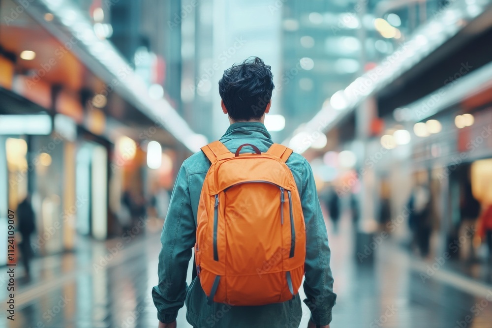A person stands in a bustling urban area, carrying an orange backpack and facing away, representing exploration, curiosity, and the vibrancy of city life. A person stands in a bustling urban area, carrying an orange backpack and facing away, representing exploration, curiosity, and the vibrancy of city life.