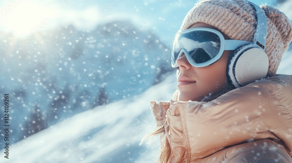 Young Woman Enjoying Snowy Mountain Landscape with Warm Clothing and Stylish Winter Accessories Young Woman Enjoying Snowy Mountain Landscape with Warm Clothing and Stylish Winter Accessories