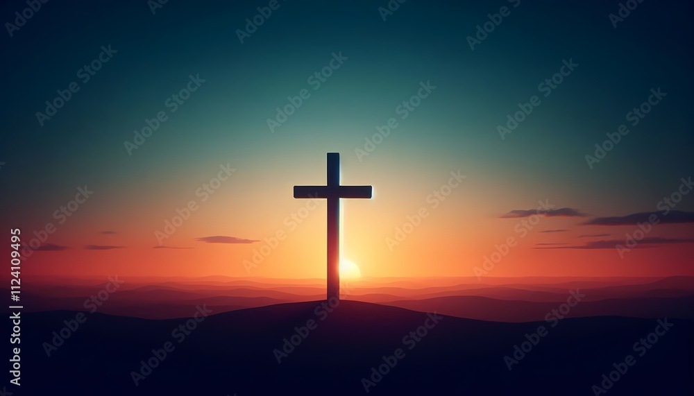 The crucifixion and a simple cross standing, with a peaceful twilight sky and sunrays, backgrounds