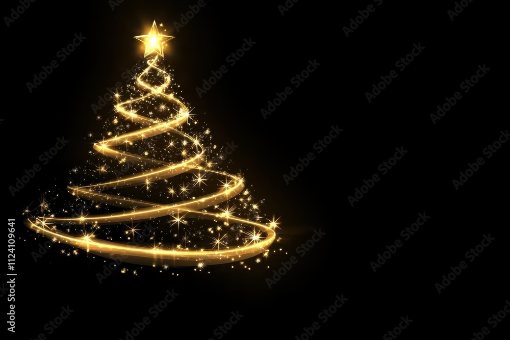 Golden Ribbon Christmas Tree on Black Background Golden Ribbon Christmas Tree on Black Background