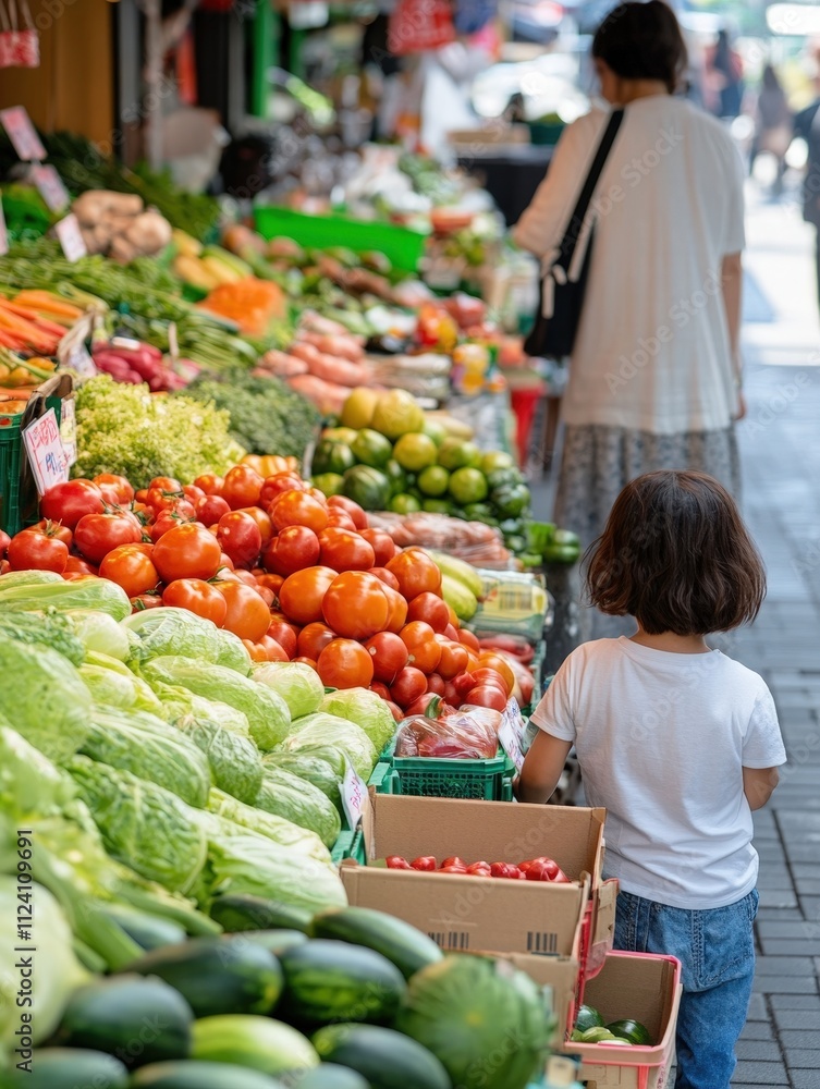Obraz premium Child Observing Colorful Vegetable Stall in Bustling Market Scene