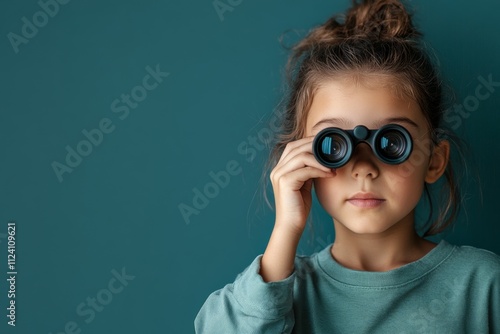 A young child gazes through binoculars, embodying curiosity and exploration against a solid teal background, symbolizing the innocence and inquisitiveness of youth.