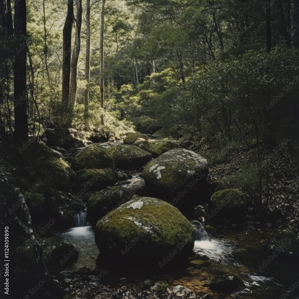 Serene Forest Stream Flowing Over Mossy Rocks Surrounded by Lush Greenery and Tall Trees in a Calm Natural Landscape on a Sunny Day Serene Forest Stream Flowing Over Mossy Rocks Surrounded by Lush Greenery and Tall Trees in a Calm Natural Landscape on a Sunny Day