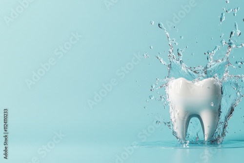 A large white tooth being splashed by water on a bright turquoise background, highlighting dental hygiene and freshness in a minimalist style photo.