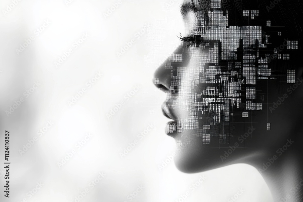 An artistic digital representation of a human profile with fragmented squares, illustrating the integration of technology and identity in contemporary digital artwork. An artistic digital representation of a human profile with fragmented squares, illustrating the integration of technology and identity in contemporary digital artwork.