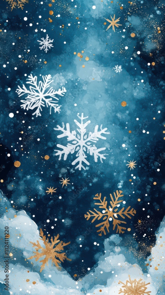 Hand-Drawn Snowflakes with Golden Stars on Pastel Background Hand-Drawn Snowflakes with Golden Stars on Pastel Background